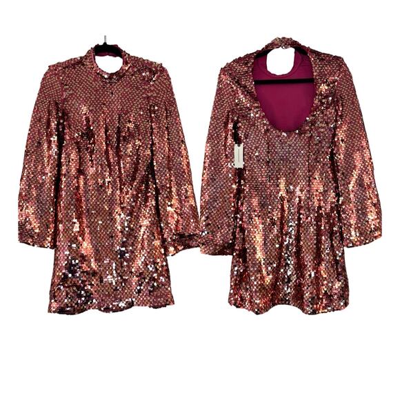 Anthropologie Maeve Long-Sleeve Mock-Neck Sequin Mini Dress Pink XS NWT - Picture 1 of 13
